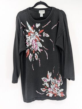 Vintage Showtime Black Sequin Floral Ramie Sweater Christmas Dress Size XXL